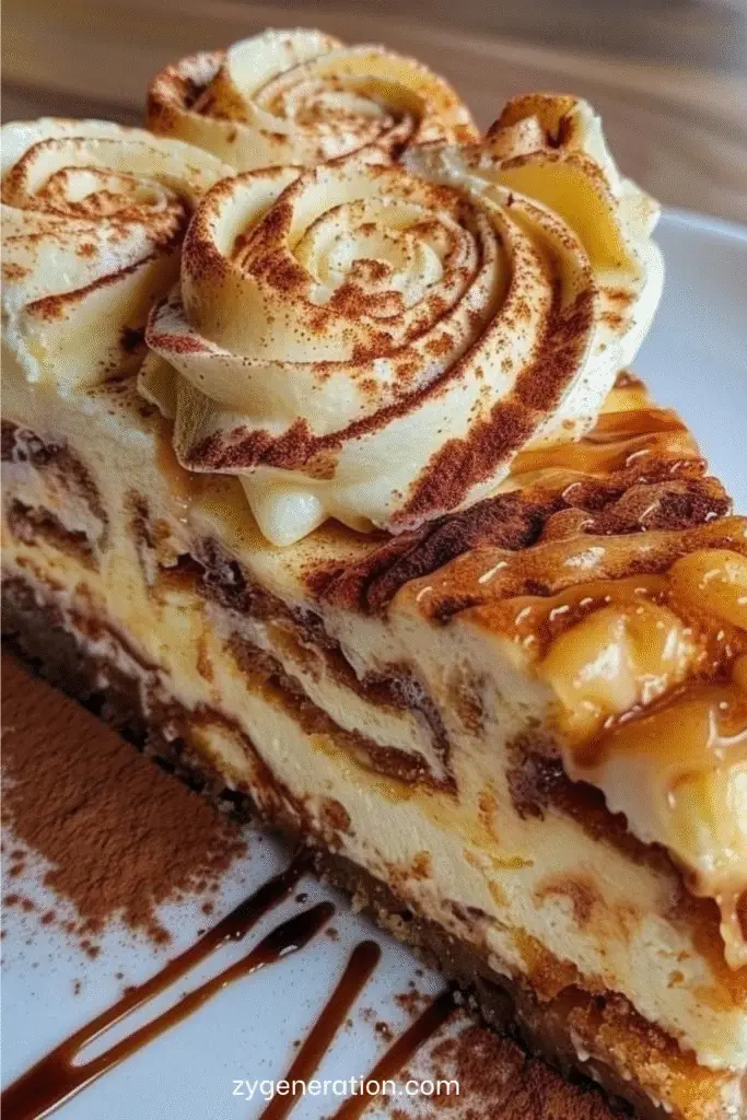 Cheesecake tiramisu crémeux sur base biscuitée, saupoudré de cacao, décoré de biscuits à la cuillère et servi sur une assiette élégante.