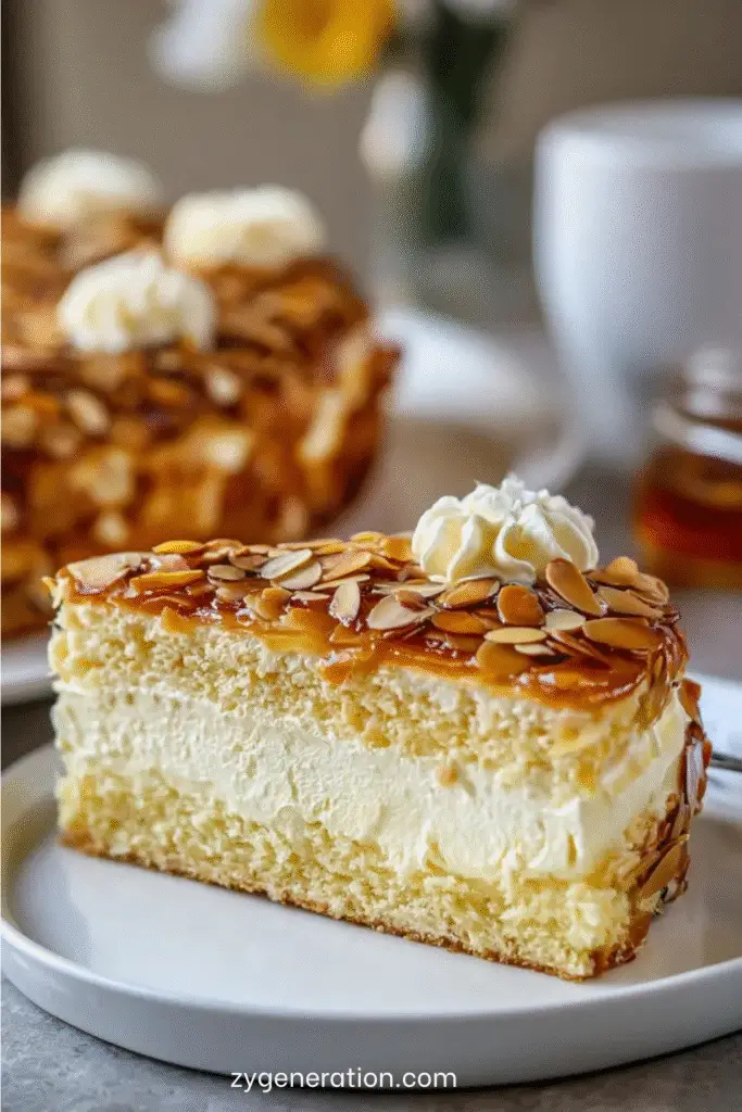 Gâteau allemand Bienenstich coupé en parts, avec crème vanillée au mascarpone, pâte briochée moelleuse et croûte dorée d’amandes au miel.