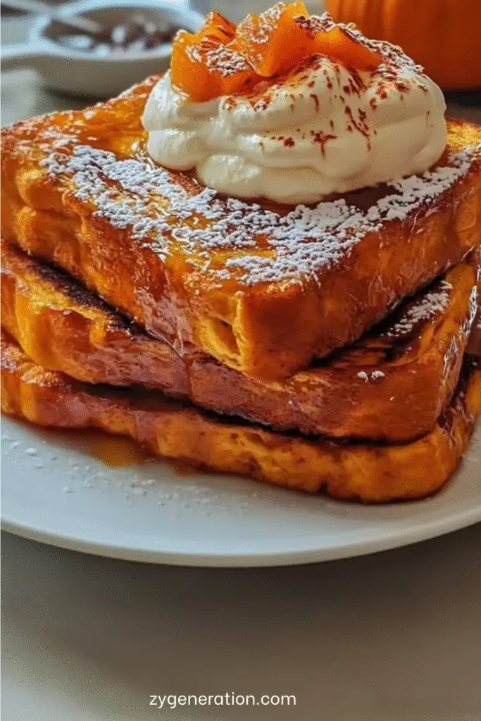 Tranches de pain perdu dorées nappées de sirop d’érable, servies avec crème fouettée et épices de citrouille sur une assiette d’automne.