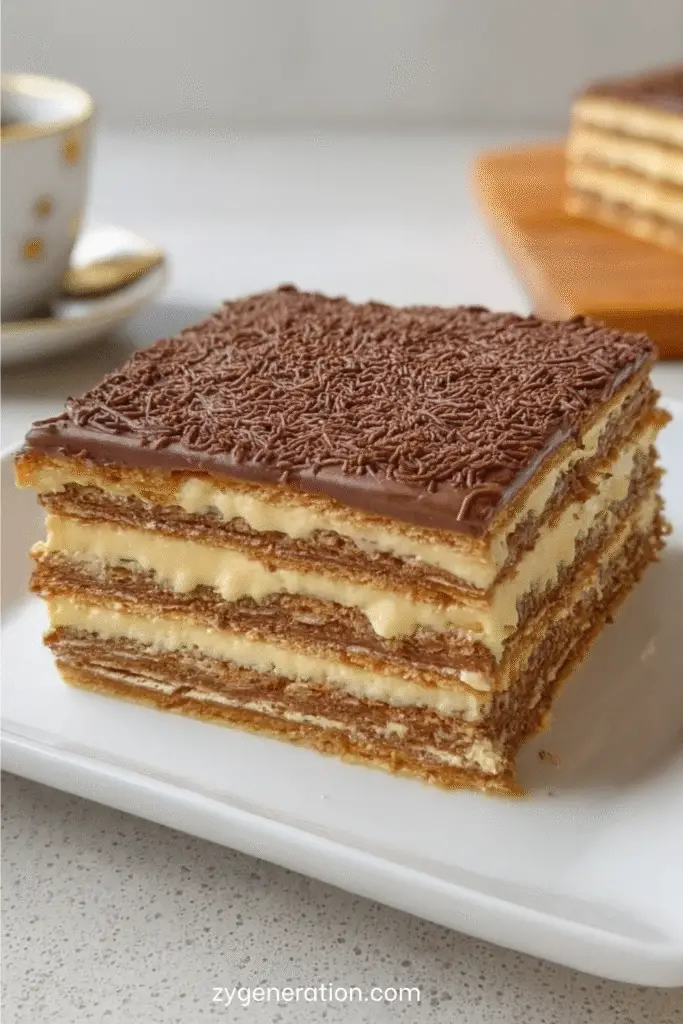 Part de gâteau Petit Beurre au café sans cuisson, alternant couches de biscuits imbibés et de crème vanillée, décorée de vermicelles de chocolat.
