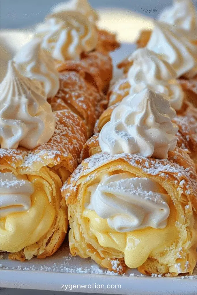 Cannolis au citron meringuée sur assiette blanche, dessert italien croustillant garni de crème citron et meringue dorée.
