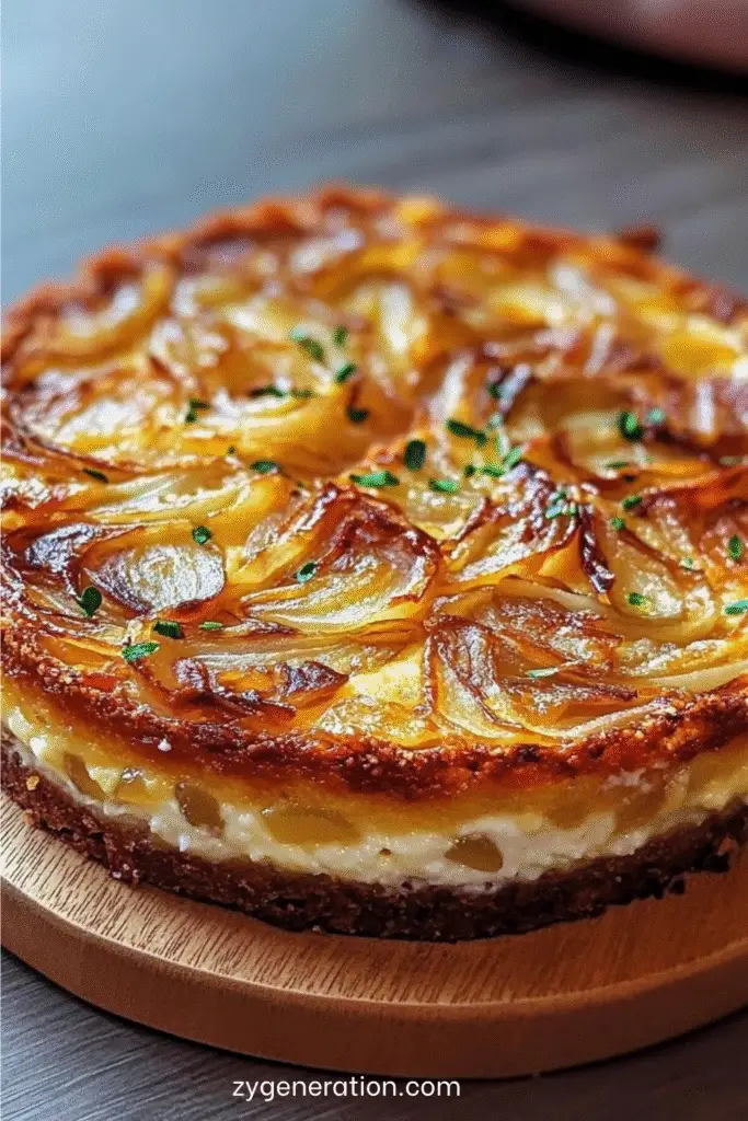 Gâteau moelleux aux oignons et au fromage sur assiette, plat salé doré au four, texture fondante et oignons caramélisés visibles.