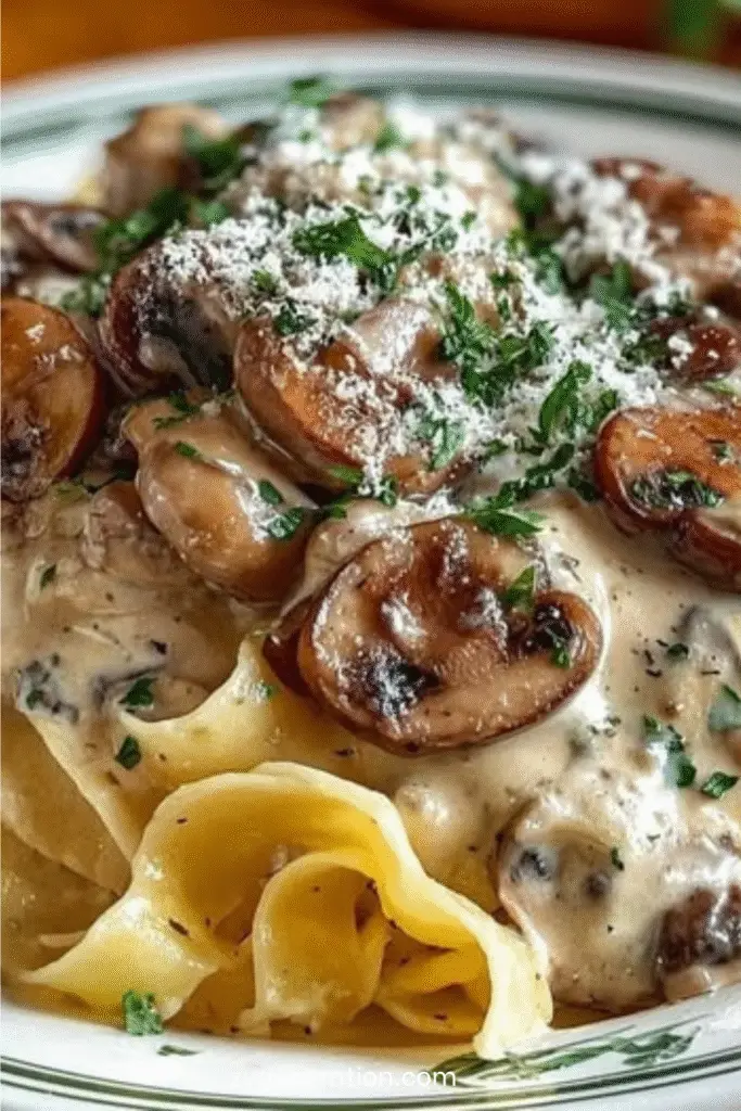 Tagliatelles aux champignons et à la crème fraîche servies dans une assiette creuse, garnies de persil et de parmesan râpé.