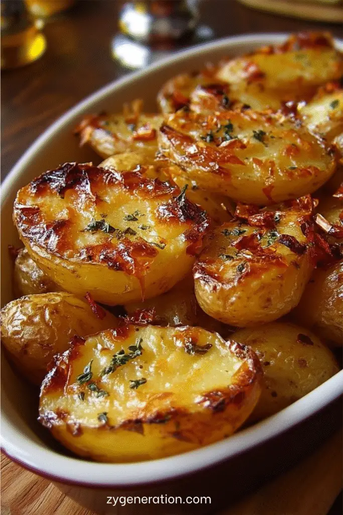 Pommes de terre rôties au four dorées et croustillantes sur plaque, garnies d’herbes fraîches et d’une touche d’huile d’olive.