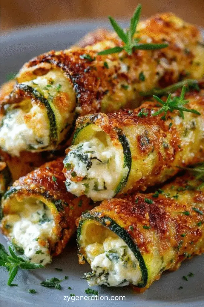 Rouleaux de courgettes croustillants au fromage dorés au four, servis avec sauce au yaourt et persil frais.