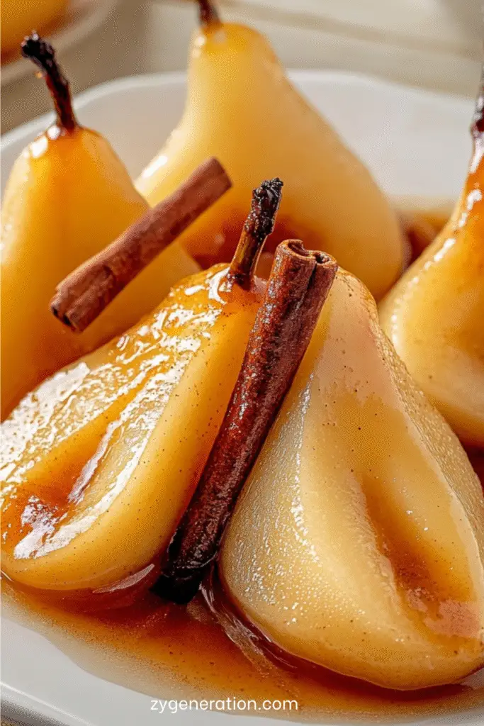poires pochées au miel et à la cannelle servies chaudes avec leur sirop doré, décorées d’un bâton de cannelle et d’une étoile de badiane.