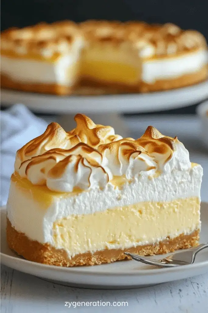 Tarte au citron meringuée dorée avec une croûte croustillante, une garniture au citron onctueuse et une meringue légèrement caramélisée.