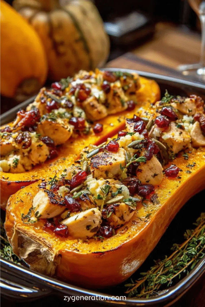 courge butternut farcie au poulet, aux canneberges séchées, à la feta et au thym frais, dorée au four et servie chaude.