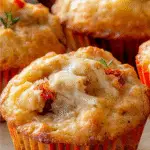 Muffins salés dorés au fromage de chèvre et tomates séchées, garnis d’herbes de Provence et servis sur une planche en bois pour l’apéritif.