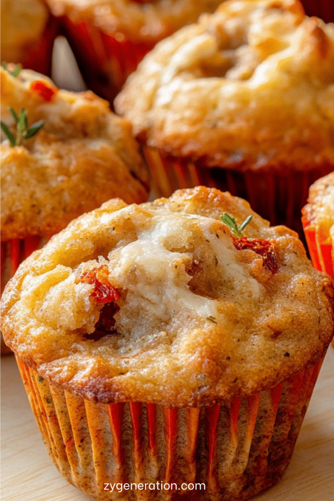 Muffins salés dorés au fromage de chèvre et tomates séchées, garnis d’herbes de Provence et servis sur une planche en bois pour l’apéritif.