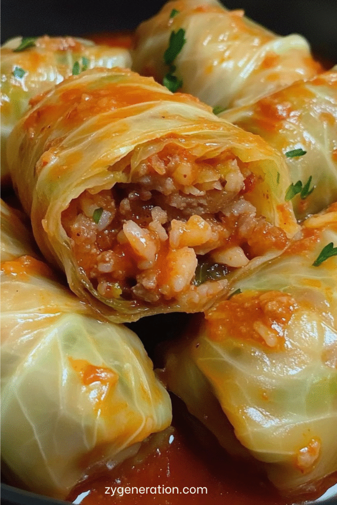 Rouleaux de chou farcis au bœuf et au riz nappés de sauce tomate, servis chauds avec persil frais haché.