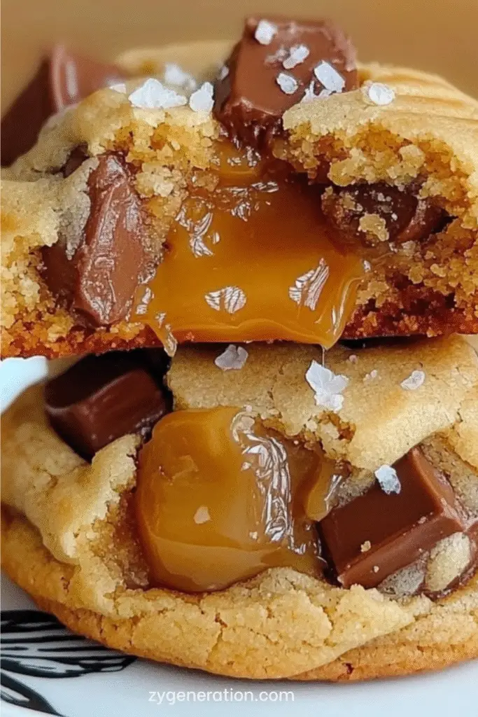 Cookies fondants au caramel avec cœur coulant, dorés et saupoudrés de fleur de sel sur une plaque de cuisson.