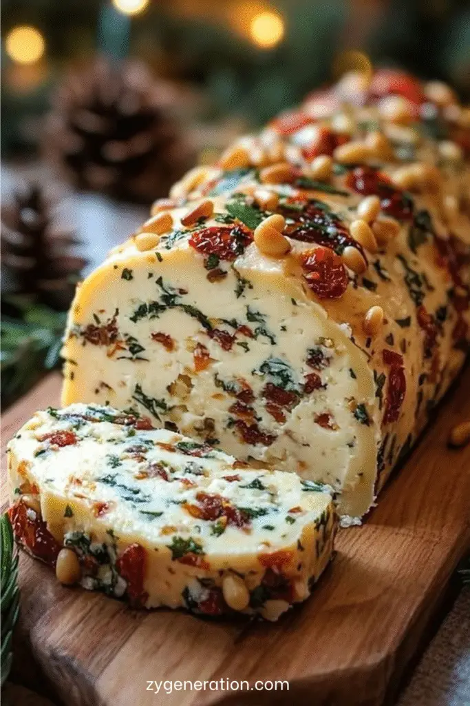 Bûche antipasto au fromage roulée dans des pignons grillés, garnie de tomates séchées et d’herbes fraîches, servie avec des crostinis.