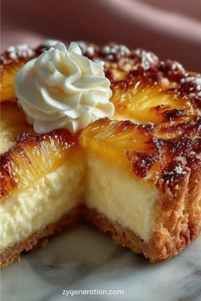 Cheesecake à l’ananas sans cuisson, décoré de tranches d’ananas frais et de crème fouettée sur un fond de biscuits dorés.
