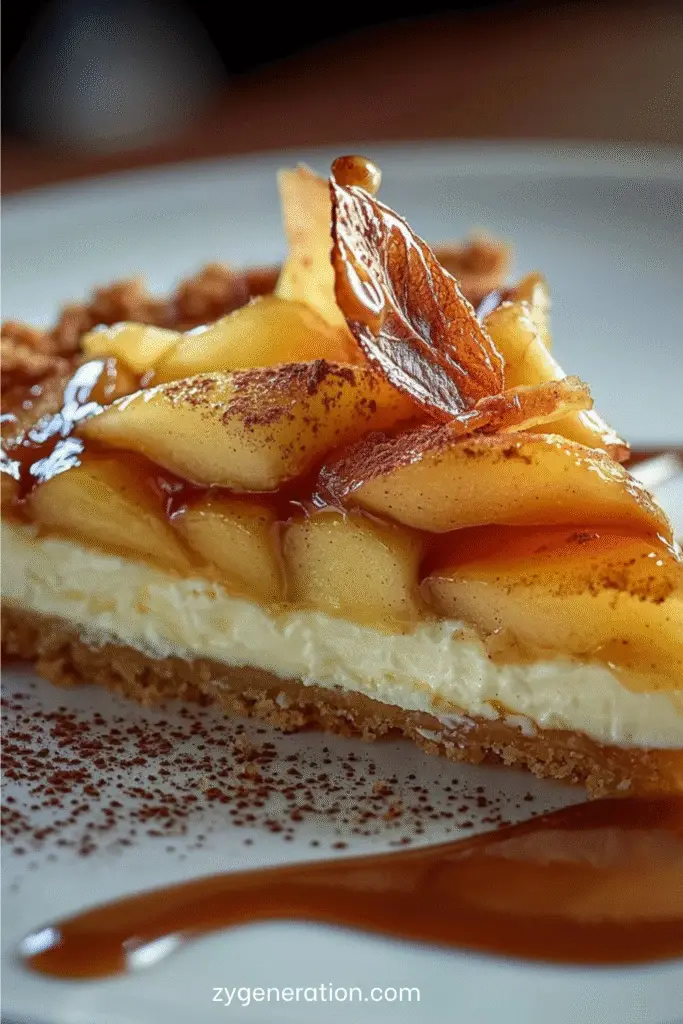 Fondant aux pommes et mascarpone sur base biscuitée, décoré de noix de pécan caramélisées et d’un filet de sirop d’érable doré.