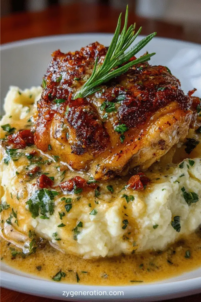 Assiette de poulet étouffé nappé d’une sauce crémeuse, servie sur une purée de pommes de terre onctueuse et garnie de persil frais.