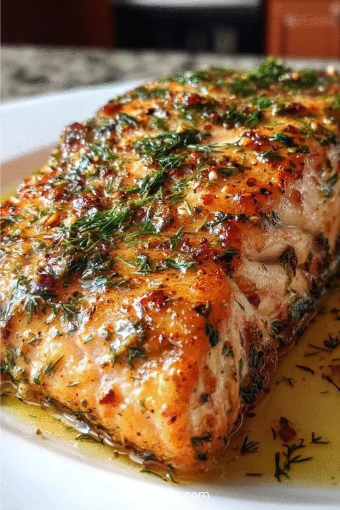 Filets de saumon dorés nappés d’une sauce crémeuse au beurre, à l’ail, au parmesan et aux herbes fraîches, servis dans une poêle en fonte.