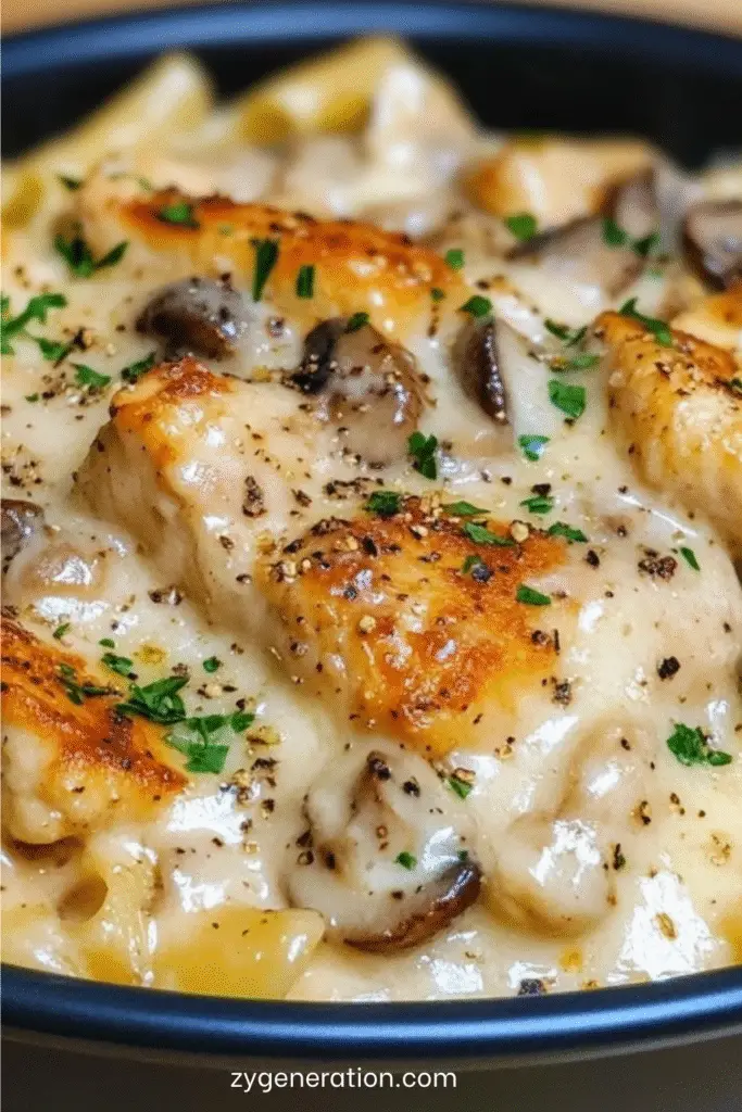 Gratin de pâtes au poulet et champignons doré au four, nappé de sauce crémeuse et parsemé de fromage fondant et de persil frais.