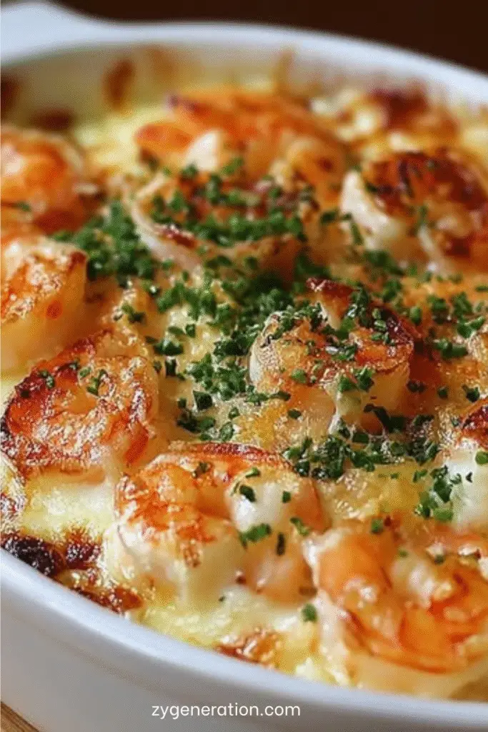 Gratin de crevettes crémeux au fromage, doré et bouillonnant, garni de persil frais dans un plat de cuisson.