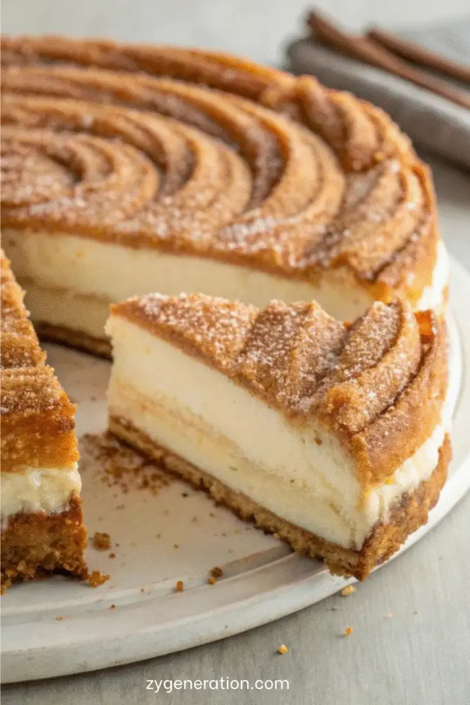 Cheesecake façon churros doré au sucre et à la cannelle, avec une garniture fondante au fromage à la crème dans un moule rectangulaire.