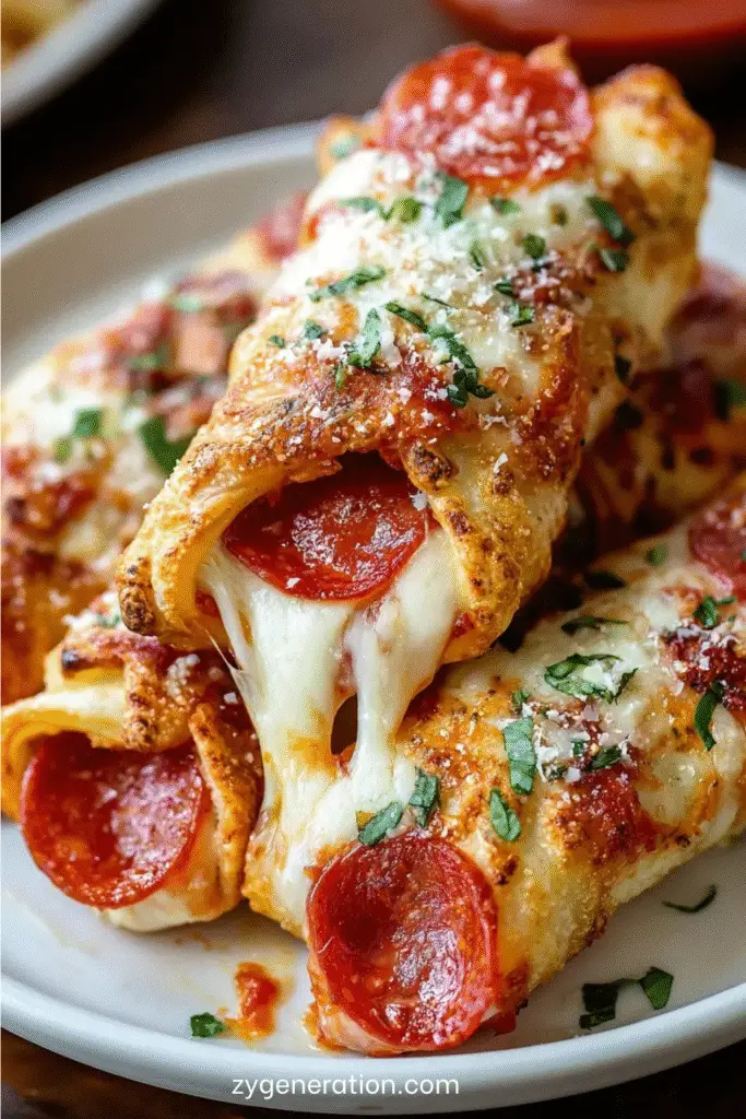 Rouleaux de pizza au pepperoni dorés au four, garnis de fromage fondant et de sauce tomate, servis sur une planche en bois.