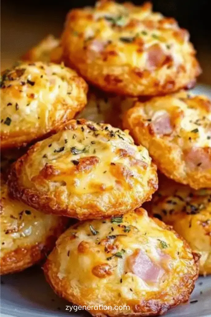 Cookies salés dorés au parmesan et jambon, disposés sur une planche, accompagnés d’herbes fraîches et de copeaux de fromage.