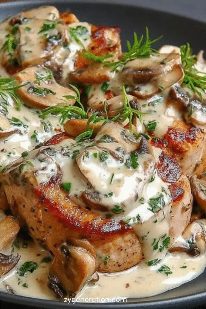 Médaillons de porc nappés de sauce crémeuse aux champignons et persil frais, servis dans une poêle en fonte.