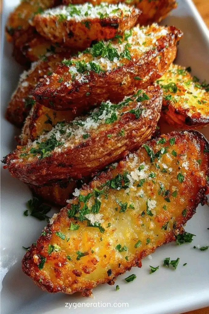 Quartiers de pommes de terre dorés au four, enrobés d’ail et de parmesan, servies avec persil frais.