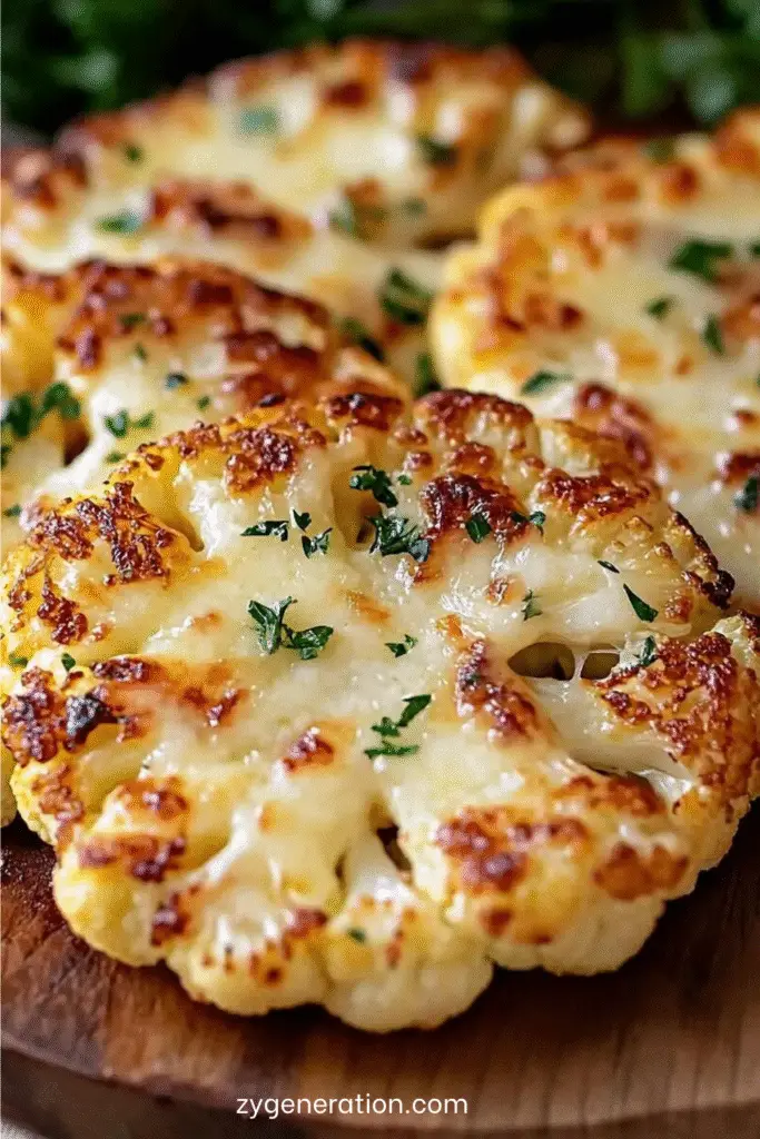 Steaks de chou-fleur rôtis au four garnis de fromage fondu et persil frais.