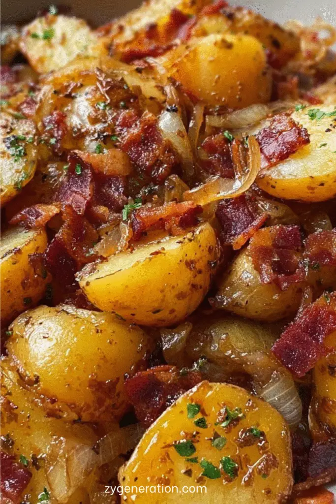 Pommes de terre sautées dorées à la poêle avec oignons fondants et lardons croustillants, servies chaudes avec persil frais.