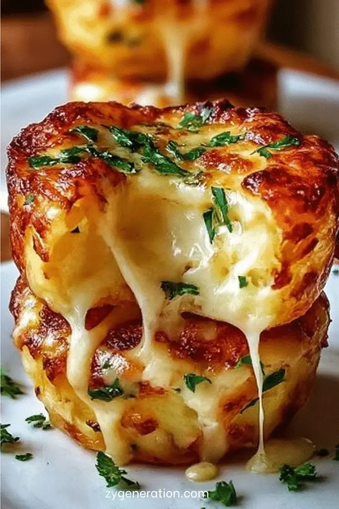 Bouchées de purée de pommes de terre au fromage dorées au four, disposées dans un plat et servies chaudes.