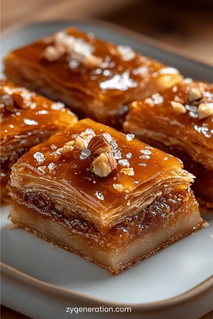 Baklava aux noisettes dorée au four, coupée en losanges, nappée de miel et décorée de noisettes entières.