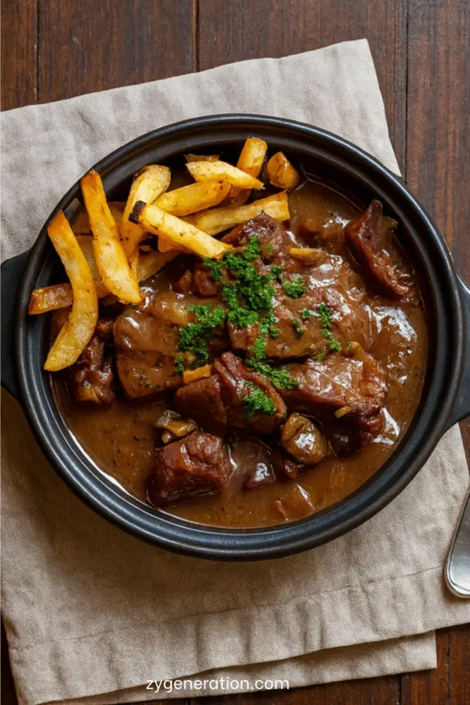 Carbonade flamande servie dans une cocotte, nappée de sauce brune, accompagnée de frites croustillantes.