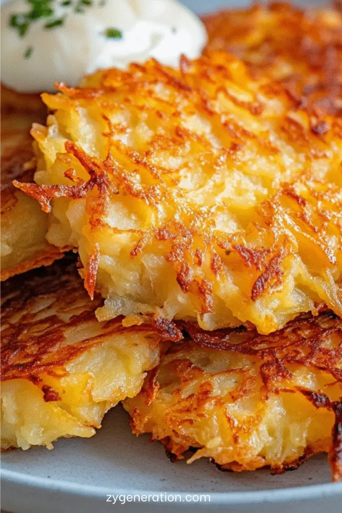 Galettes de pommes de terre dorées et croustillantes servies chaudes dans une assiette, accompagnées de crème fraîche.