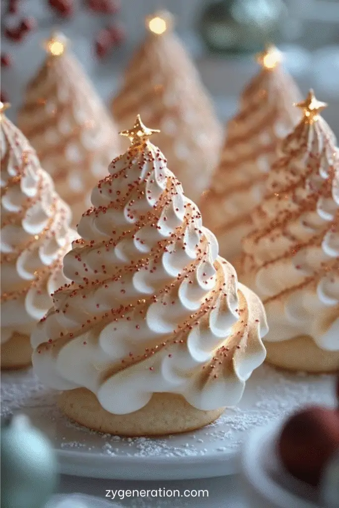 Meringues en forme de sapins de Noël décorées avec perles sucrées et étoiles sur une plaque de cuisson.