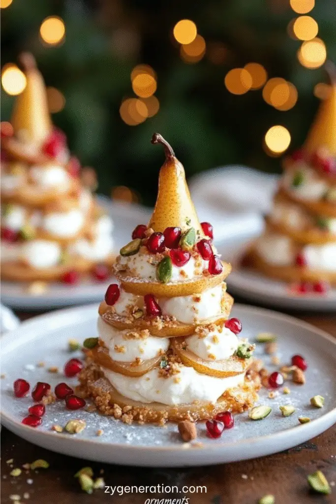 Dessert pyramidal composé de fines lamelles de poire superposées avec crème mascarpone, biscuits spéculoos et éclats de pistaches.