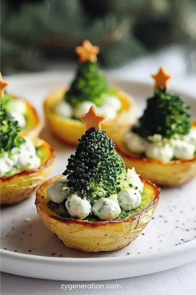 Pommes de terre rôties garnies de fromage frais et surmontées de brocolis en forme de sapins avec étoiles décoratives.