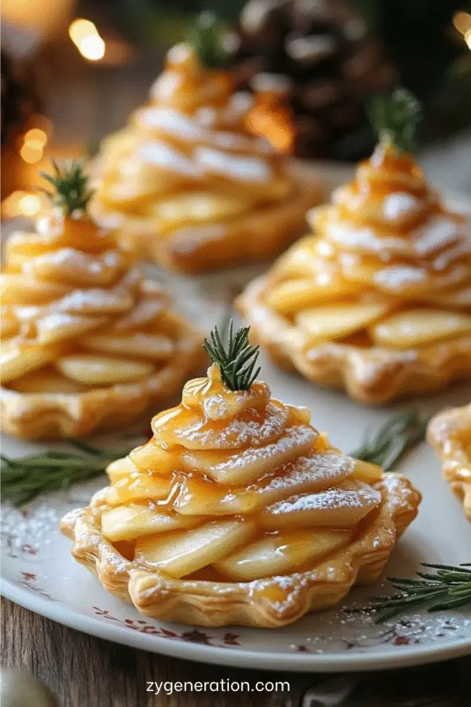 Tartelettes feuilletées garnies de brie, pommes fines en spirale et filet de caramel, décorées d’un brin de romarin.