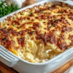 Gratin de morue à la béchamel doré au four – morceaux de morue fondante nappés de sauce crémeuse et gratinés au fromage, servis dans un plat en céramique rustique sur une table en bois.