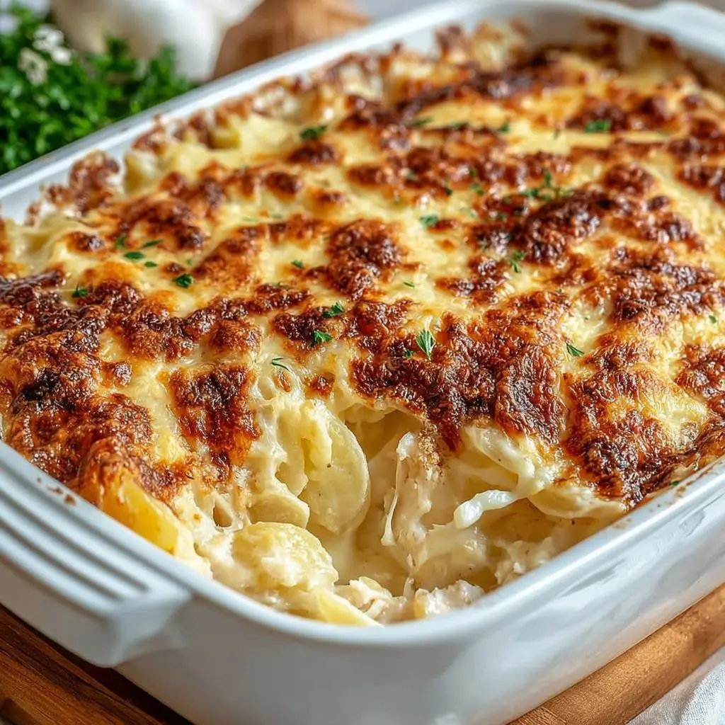 Gratin de morue à la béchamel doré au four – morceaux de morue fondante nappés de sauce crémeuse et gratinés au fromage, servis dans un plat en céramique rustique sur une table en bois.