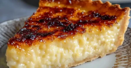 Tarte au riz de Verviers dorée, garnie de riz au lait vanillé, servie tiède sur une assiette avec sucre glace et café noir.