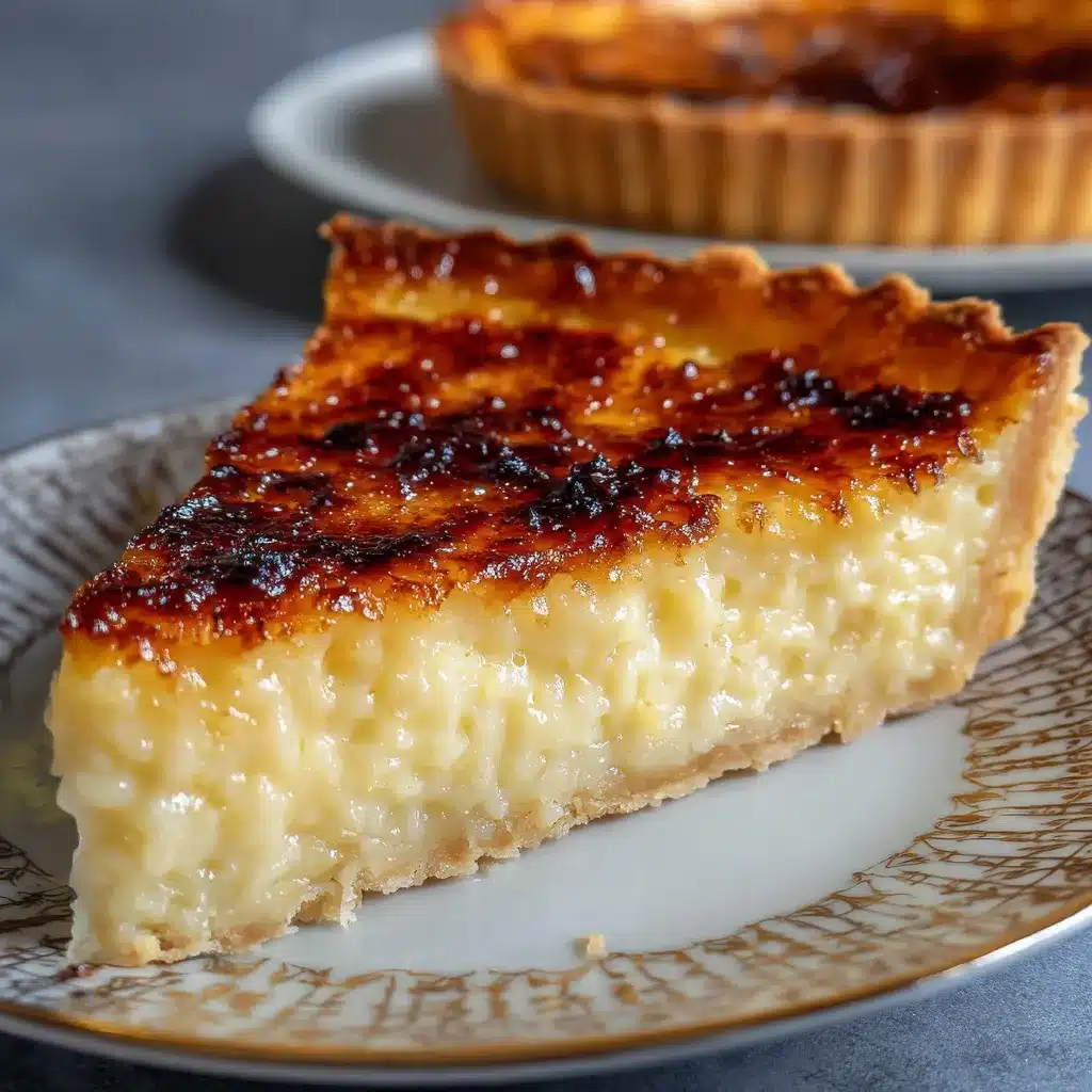 Tarte au riz de Verviers dorée, garnie de riz au lait vanillé, servie tiède sur une assiette avec sucre glace et café noir.