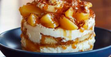 Tiramisu au caramel beurre salé garni de pommes poêlées à la cannelle, présenté en verrines avec cacao saupoudré.