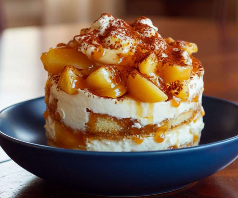 Tiramisu au caramel beurre salé garni de pommes poêlées à la cannelle, présenté en verrines avec cacao saupoudré.