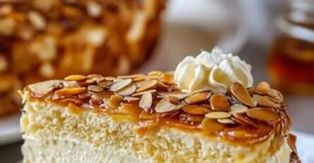 Gâteau allemand Bienenstich coupé en parts, avec crème vanillée au mascarpone, pâte briochée moelleuse et croûte dorée d’amandes au miel.