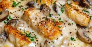 Gratin de pâtes au poulet et champignons doré au four, nappé de sauce crémeuse et parsemé de fromage fondant et de persil frais.