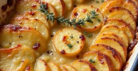 Gratin dauphinois doré et crémeux, servi dans un plat en céramique, avec des pommes de terre fondantes nappées de crème.