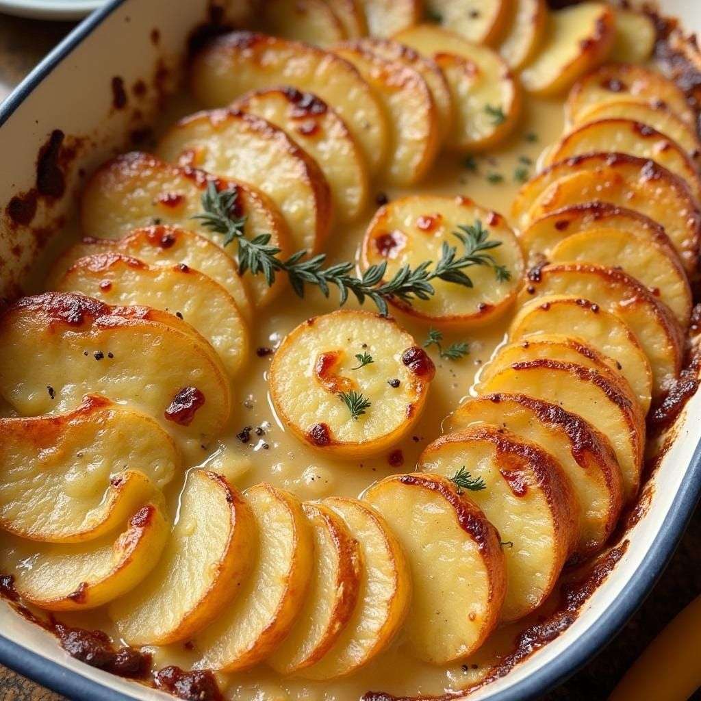 Gratin dauphinois doré et crémeux, servi dans un plat en céramique, avec des pommes de terre fondantes nappées de crème.