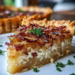 Tarte aux oignons allemande dorée et fondante, garnie de bacon croustillant et d’oignons caramélisés, servie sur une table rustique avec un verre de vin blanc.