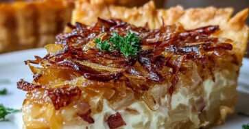 Tarte aux oignons allemande dorée et fondante, garnie de bacon croustillant et d’oignons caramélisés, servie sur une table rustique avec un verre de vin blanc.